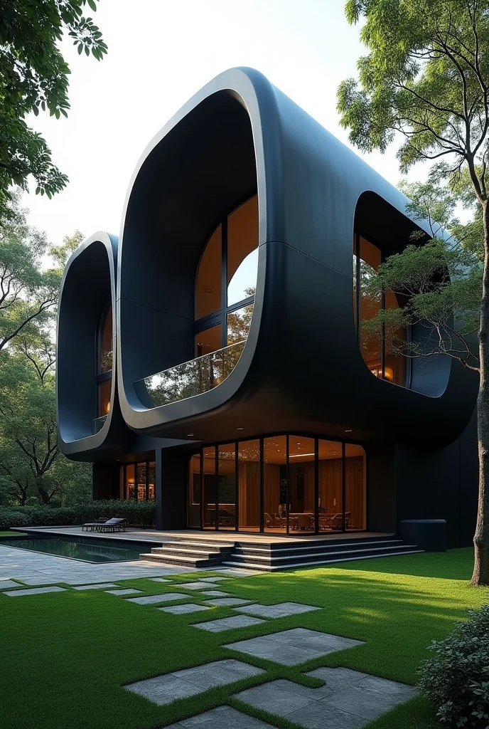 large black mansion full of curves and glass modern Brazilian architecture Oscar Niemeyer style surrounded by trees