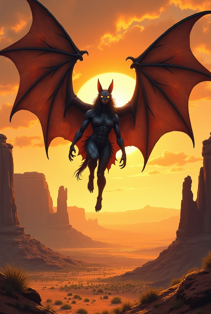 A huge female bat flying in the Arizona desert sky. Frazetta art.
