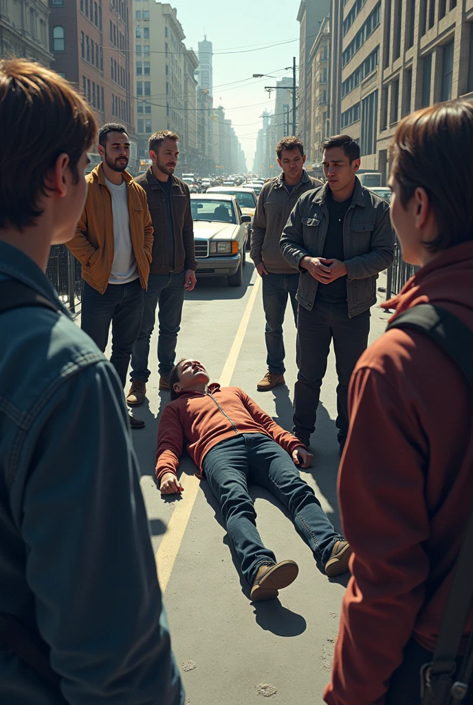 People surround a person who is lying on the ground in the street,