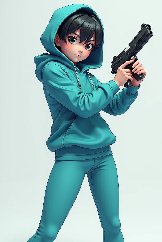 Boys Anime character with gun on a hand with cyan hoodie and cyan leggings