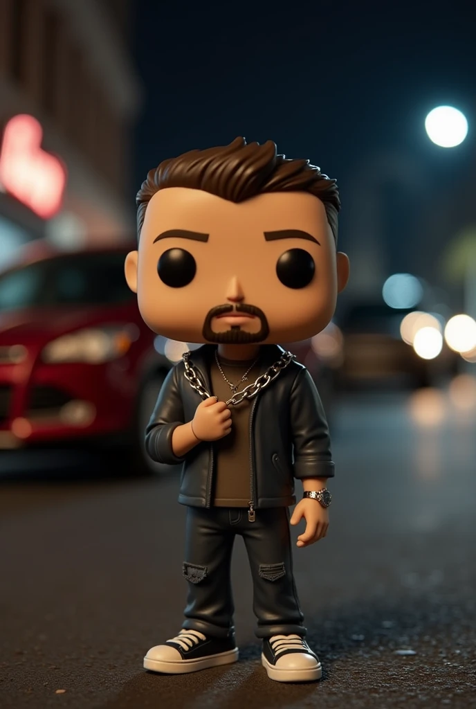 Create a funko pop of a 2 boy with a goatee and a bit of a mustache with a chain that also shows a 2013 Ford Kuga and a street at night in the background