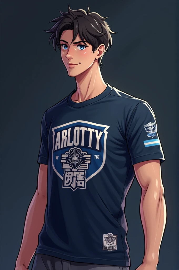 Make a Japanese 1 wearing a squad tshirt with his nickname 'Arlotty' on it and his squad or team "The Night Core' and put a logo, it's for eSports squad