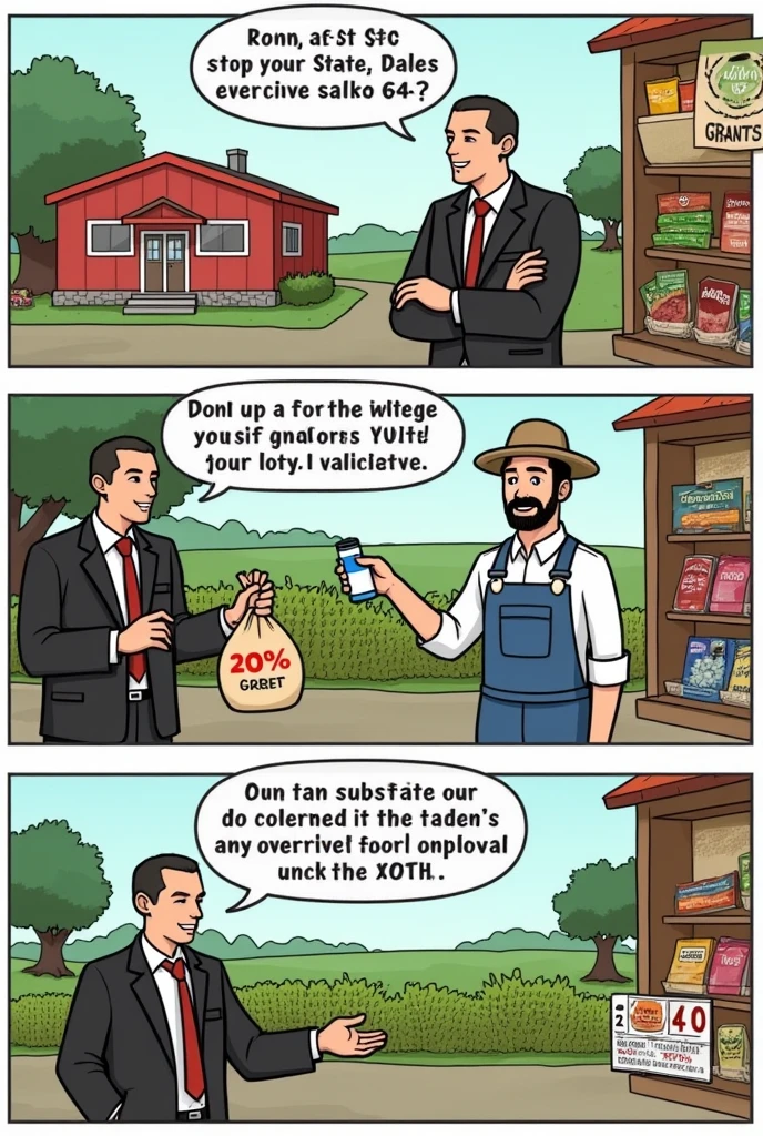 Create a comic with easy drawings with frames based on this;
Title: “The Magic Subsidy” 1. Introduction Panel 1:
Description: Vibrant town with a grocery store and a farm.
Text: “In Economic City, The State and the Market have important roles.”
Panel 2:
Description: the state, with a formal suit, holding a bag of money labeled “Grants”.
State Dialogue: “I'm going to help reduce the cost of food!”
2. The Subsidy in Action Panel 3:
Description: the state coloca un letrero en la tienda que dice “Descuento del 20% in commodities”.
Text: “The subsidy reduces the price of food.”
Panel 4:
Description: Customers happily shop in the store while the owner smiles.
Shop owner's dialogue: “Low prices are increasing my sales!”
3. Problems Arising Panel 5:
Description: The farmer is worried about a sign that says “Low prices due to subsidies”.
Farmer's Dialogue: “I can't compete with subsidized prices”!”
Panel 6:
Description: The Market, with a confused expression, display price charts.
Market Dialogue: “Subsidies are affecting local producers.”