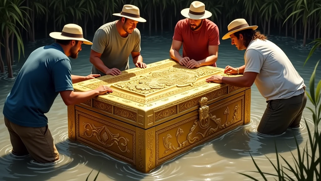 four men standing in shallow water, surrounding and examining a large, ornate golden chest. The chest is elaborately decorated with intricate carvings and designs that cover its surface, giving it a rich, ancient appearance. It appears to be made entirely of gold or gold-plated material, shining brightly in the sunlight. The men, dressed in casual outdoor clothing and hats, are using both hands to touch and inspect the chest, indicating its potential significance or value. One man wears a dark shirt and hat, while another is in a white t-shirt and beige hat. The background appears to be a murky area with some vegetation, suggesting this scene might take place near a riverbank or a swampy location.