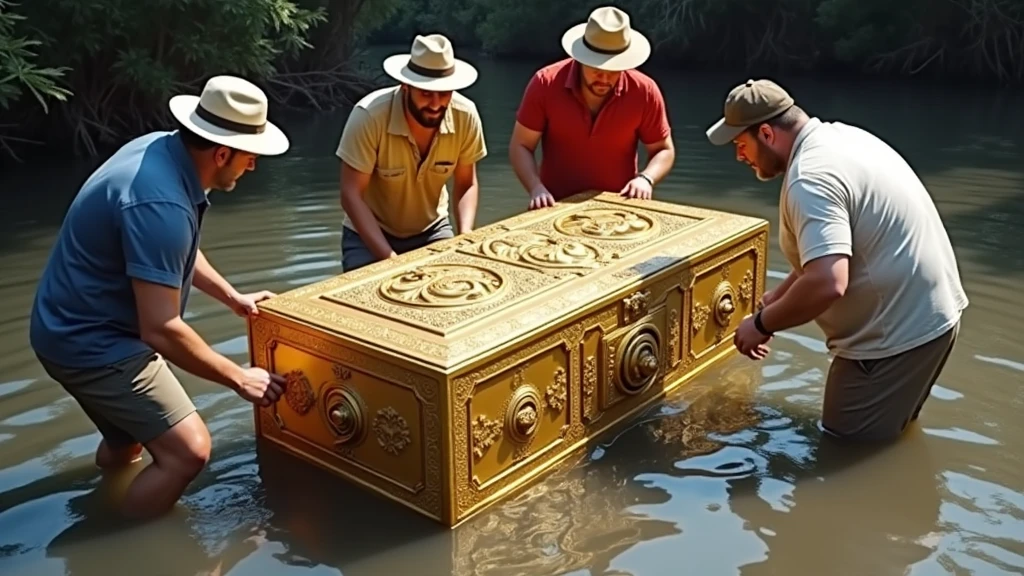 four men standing in shallow water, surrounding and examining a large, ornate golden chest. The chest is elaborately decorated with intricate carvings and designs that cover its surface, giving it a rich, ancient appearance. It appears to be made entirely of gold or gold-plated material, shining brightly in the sunlight. The men, dressed in casual outdoor clothing and hats, are using both hands to touch and inspect the chest, indicating its potential significance or value. One man wears a dark shirt and hat, while another is in a white t-shirt and beige hat. The background appears to be a murky area with some vegetation, suggesting this scene might take place near a riverbank or a swampy location.