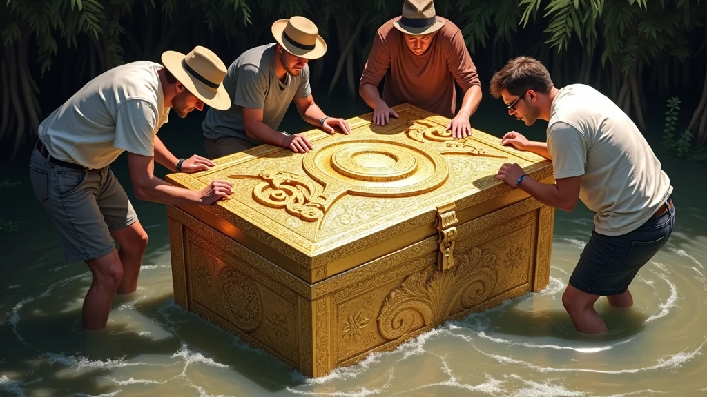 four men standing in shallow water, surrounding and examining a large, ornate golden chest. The chest is elaborately decorated with intricate carvings and designs that cover its surface, giving it a rich, ancient appearance. It appears to be made entirely of gold or gold-plated material, shining brightly in the sunlight. The men, dressed in casual outdoor clothing and hats, are using both hands to touch and inspect the chest, indicating its potential significance or value. One man wears a dark shirt and hat, while another is in a white t-shirt and beige hat. The background appears to be a murky area with some vegetation, suggesting this scene might take place near a riverbank or a swampy location.