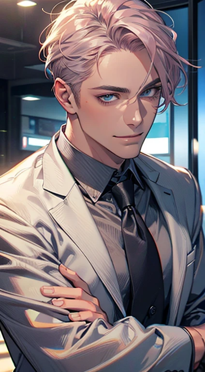 (Highest quality,4K,8K,High resolution,masterpiece:1.2),Super detailed,(Realistic,photoRealistic,photo-Realistic:1.37),1 personld,Mature Men,Beautiful skin、very handsome,Expressionless,smile,Short gray pink hair,blue eyes,Sharp Eyes,A perfect face without a doubt,Businessman,Office Background,Cinema Lighting,HDR image,tie、