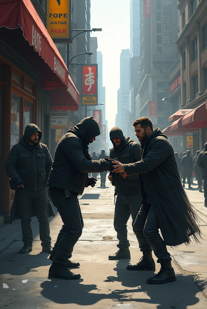 people robbing another person on the street, during the day