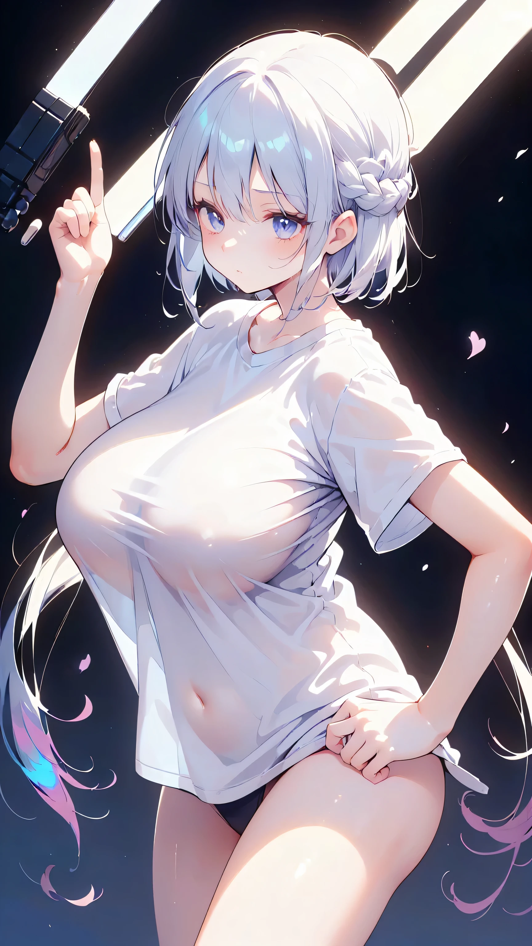 Ultra-high resolution, 8k,high quality,(Ultra-short stature,Gargari body,cowboy shot , ((no hat:1.3))),Slender,Cute hairstyle,(shoot from side,Cunning Hand),(iridescent light,soft shadow,Anime Painting,thin line drawing),Young Woman,(((super enormous tits,(yshirt,yshirt、Huge cartoon-like breasts))))),