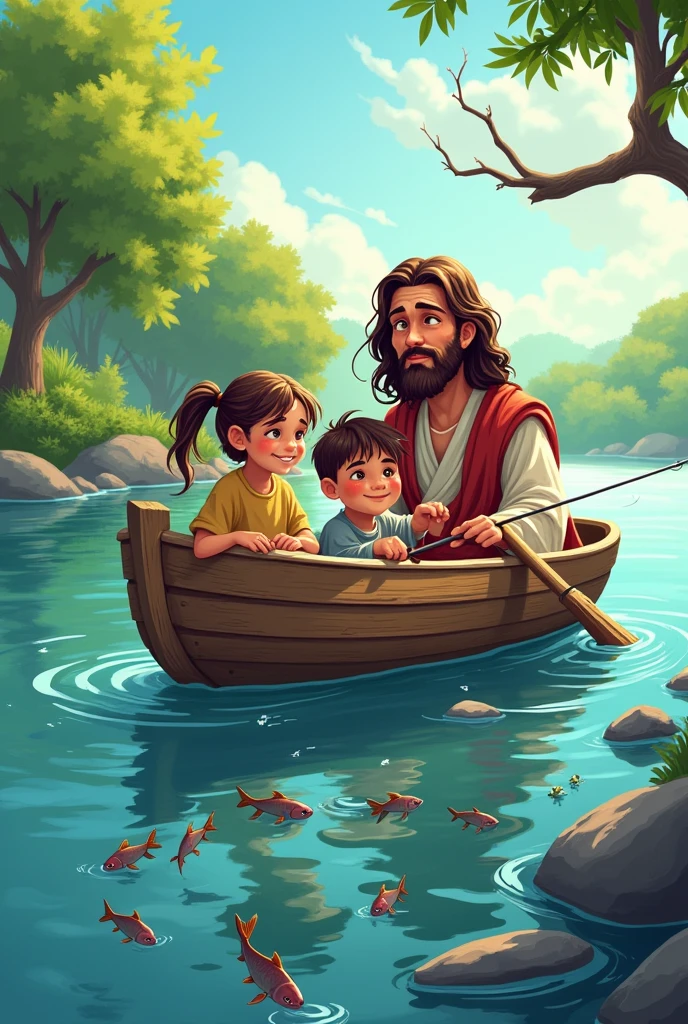 Cartoon of Jesus with a girl and a boy fishing in a boat and the fish jumping