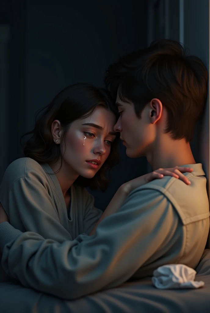 Woman crying on boyfriend&#39;s shoulder 