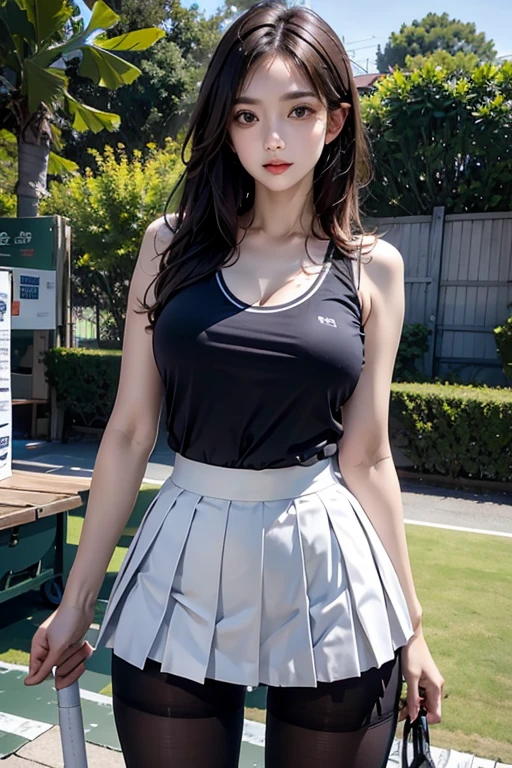 photorealistic, high resolution, 1women, 独奏, hips up, look at viewer, (detailed face), Short Bob
, school uniform, mini skirt、(Pleated skirt),Perfectly symmetrical eyes、Fuller lips、(Ultra-realistic pantyhose)、Ample breasts、Narrow waist、Thigh、Girl in tennis wear、Sunburned skin、On a sunny tennis court、Tank top
