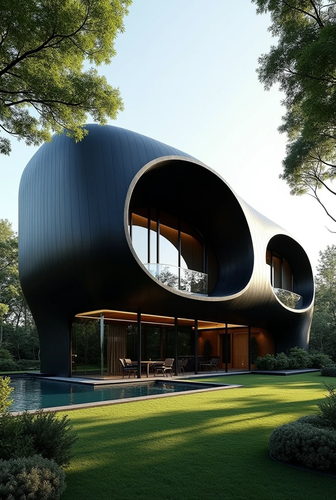 large black mansion with light curves and glass modern brazilian architecture oscar niemeyer style surrounded by trees