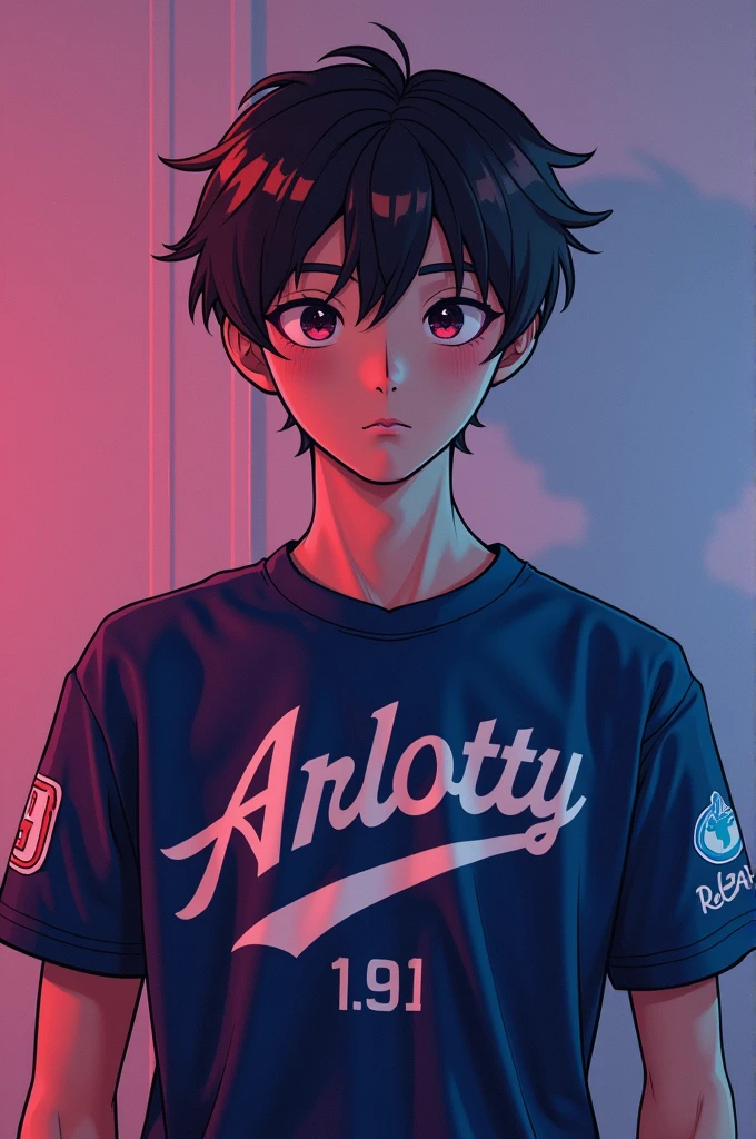 Make a Japanese 1 wearing a squad tshirt with his nickname 'Arlotty' on it and his squad or team "The Night Core' and put a logo, it's for eSports squad