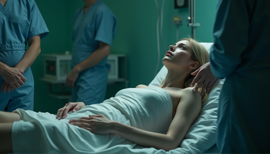 a woman lying on an operating table, pre-incisions on her torso, huge breasts, medical equipment, operating room, high-quality, photorealistic, detailed, dramatic lighting, cinematic, masterpiece