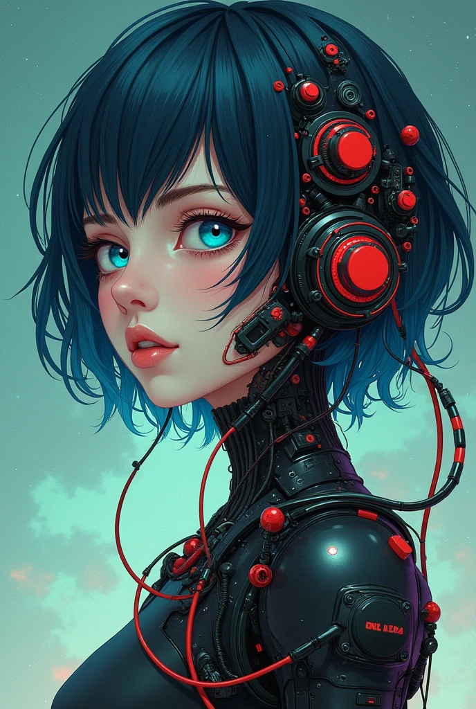 Create a high-quality,hyper-realistic image of a young woman with short, dark blue hair. ［She is playing stratecaste］r.she is dancing. The background is a gradient of light blue to darker green hues and star.The left side of her head and upper body appear normal, but the right side is integrated with complex cybernetic elements, including wires, circuits, and mechanical components. A highly illustration detailed and realistic. illustration of a female android with visible mechanical parts integrated into her face and body, blending organic and mechanical elements. The android’s right eye is a striking blue, contrasting against the red and black tones of the mechanical components. The lighting creates dramatic shadows, enhancing the texture and depth of the face and mechanical elements. The overall style is cyberpunk, with a strong influence of dystopian themes, similar to manga or anime. The composition should capture the intensity and complexity of the character, focusing on the intricate details of both the organic and mechanical features 