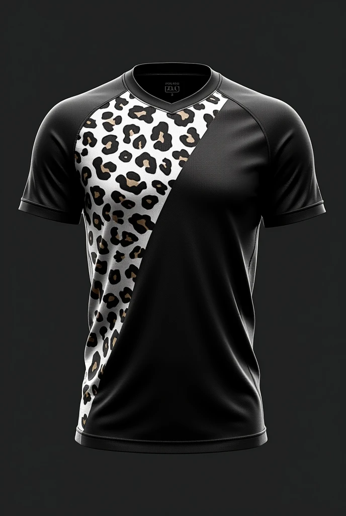 Design of a black team jersey with a white shaded leopard print highlighted on the side of the jersey horizontally 