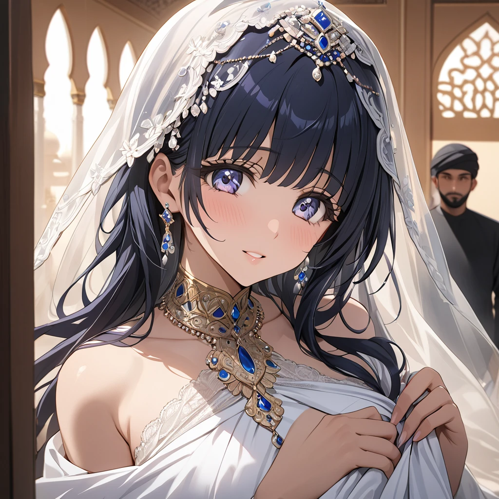 ((Highest quality)), ((masterpiece)), (detailed), (Perfect Face)、The woman is Reika Aoki, with medium-long hair and the appearance of a Saudi Arabian woman.、The woman is getting married to a Saudi Arabian man in Saudi Arabia.