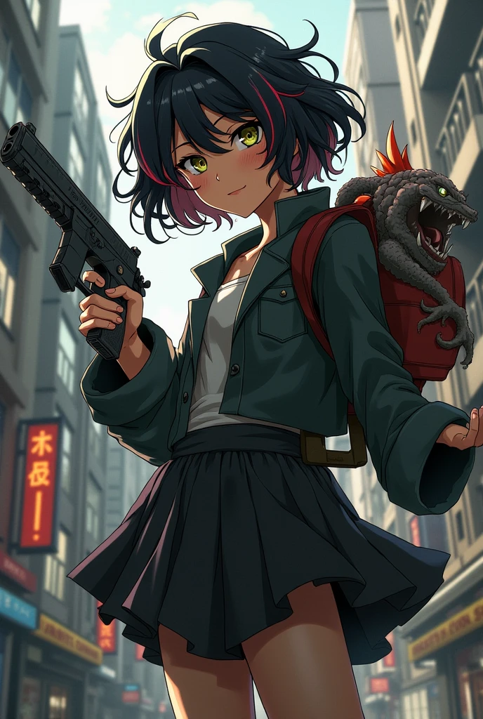 Girl character set in jujutsu kaisen with short black curly hair with red, one eye is green and the other eye is orange, light brown complexion, somewhat large chest, with a gun, scar on face and a mythological creature on the back along with the city of Japan