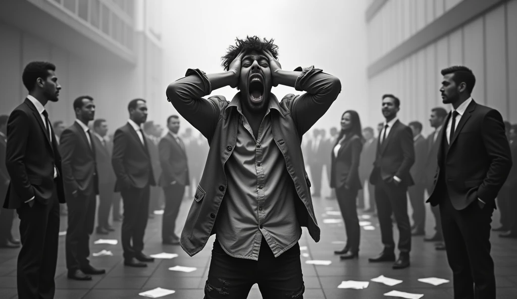 A twisted dramatic scene from A person who never succeeds in his job, desperate with his hands on his head screaming, wearing poor clothes, successful people wearing suit and tie around, the whole scene is in black and white with the main character in color highlighted.
