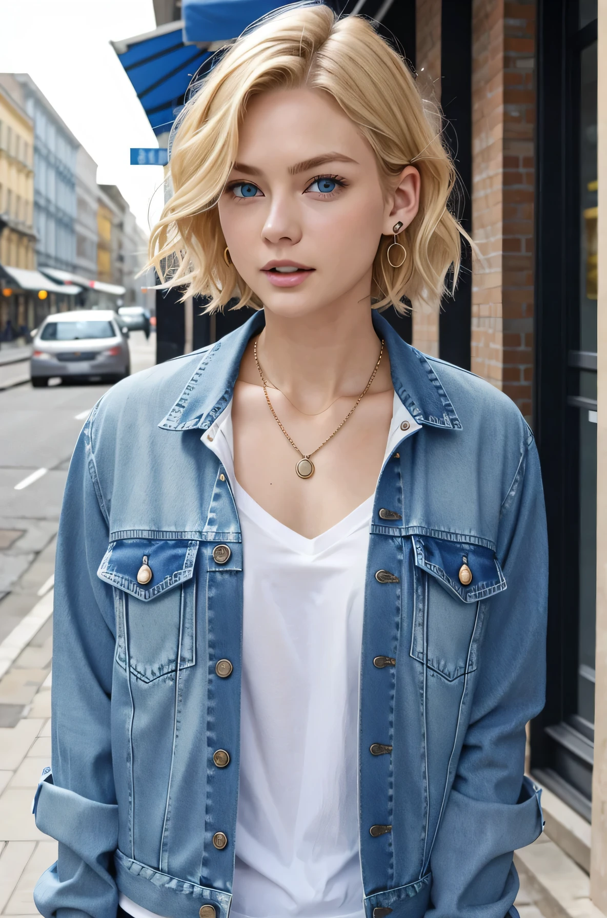 Neat and clean Caucasian woman、、Blonde Hair、blue eyes、short hair、Wavy Hair、Please open your mouth a little、Denim jacket、shirt、ear piercing、necklace、、The background is a city street
