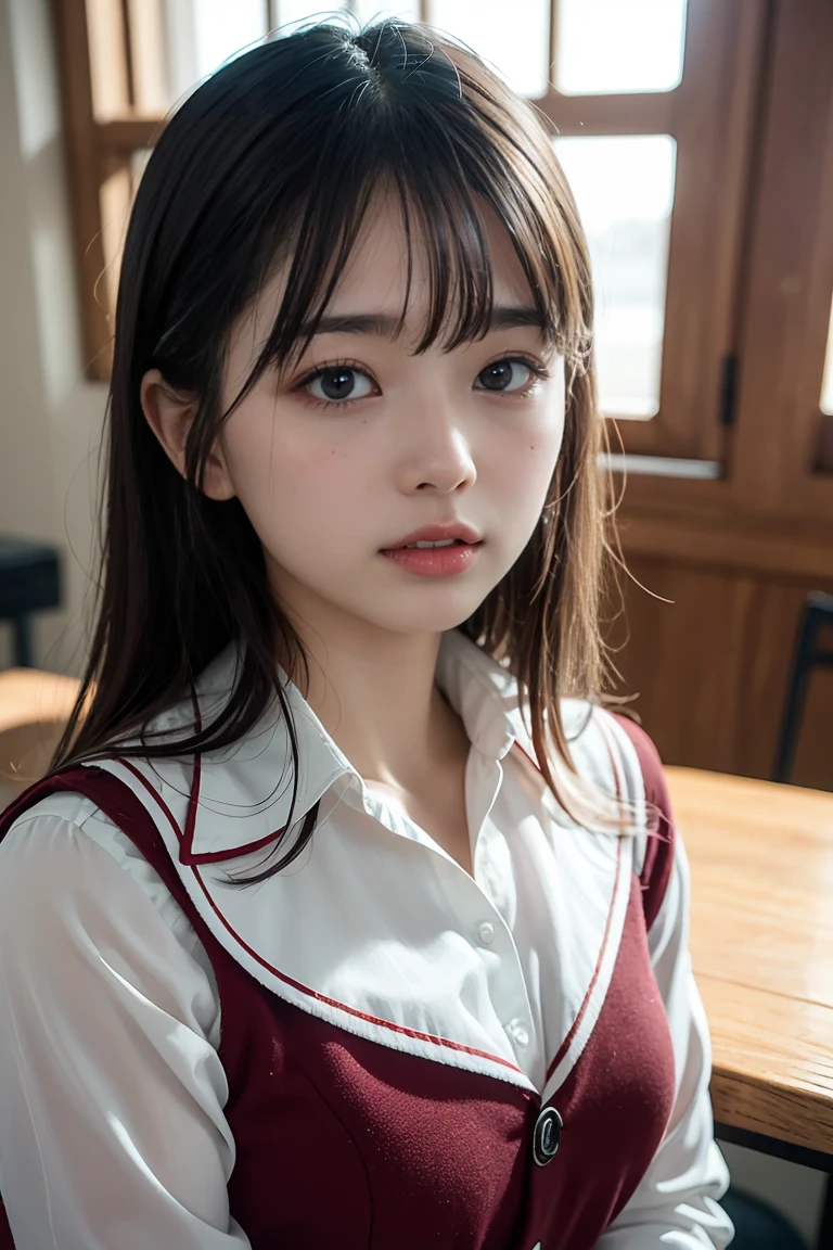 Tabletop, Highest quality, shape, Very detailed, In detail, High resolution, 8k wallpaper, Perfect dynamic composition, Beautiful details,  Natural Lip, , RAW Photos,,cute,，BREAK ceremony,、Official Art，Very detailed CG Unity 8k 壁紙, (masterpiece:1.0),(Highest quality:1.0), photo shoot, 8k, High resolution, Kodak Portrait 400, Film Grain, Lens flare brilliance,Very low camera angle, View your viewers,(school uniform:1.3,loafers),