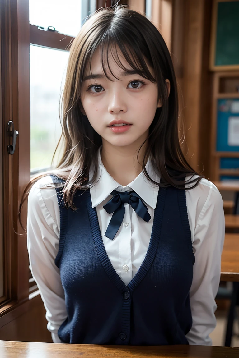 ((masterPiece, best quality)),The best aesthetics,1 girl, , table, sit, school table, brown hair, classroom, long hair, In the building, chair, look at viewer, :P, Focus only, brown eyes, open skirt :1.5, Thin white panties,long sleeve, Pencil, , Pencil case, PaPer, black seraph, multiPle girls, Pleated กระโปรงสั้นมาก, sailor collar, smooth, headrest, school bag, school chair