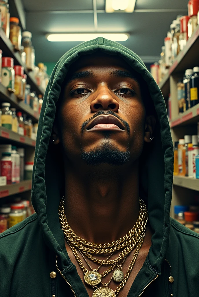 I want an album cover A trap music coverping/rapping que mostre uma loja com coisas do mundo trapping/rapping, Lean's head, Gold cords, canons, drugs