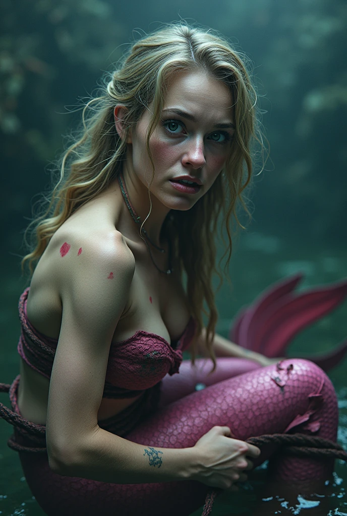 The pink mermaid's tail had a rope tied so tight that it was scarred. The face looked closer. Got kidnapped by a net.