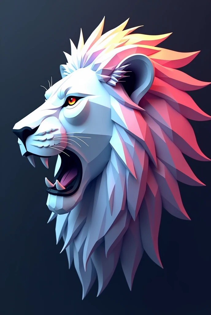 
Polygonal Logo Shadow of a lion&#39;s face in profile Orange eyes with yellow, Black pupil Imposing Mane iridescent from pink to blue White facial hair Roaring Without volume Without bottom


