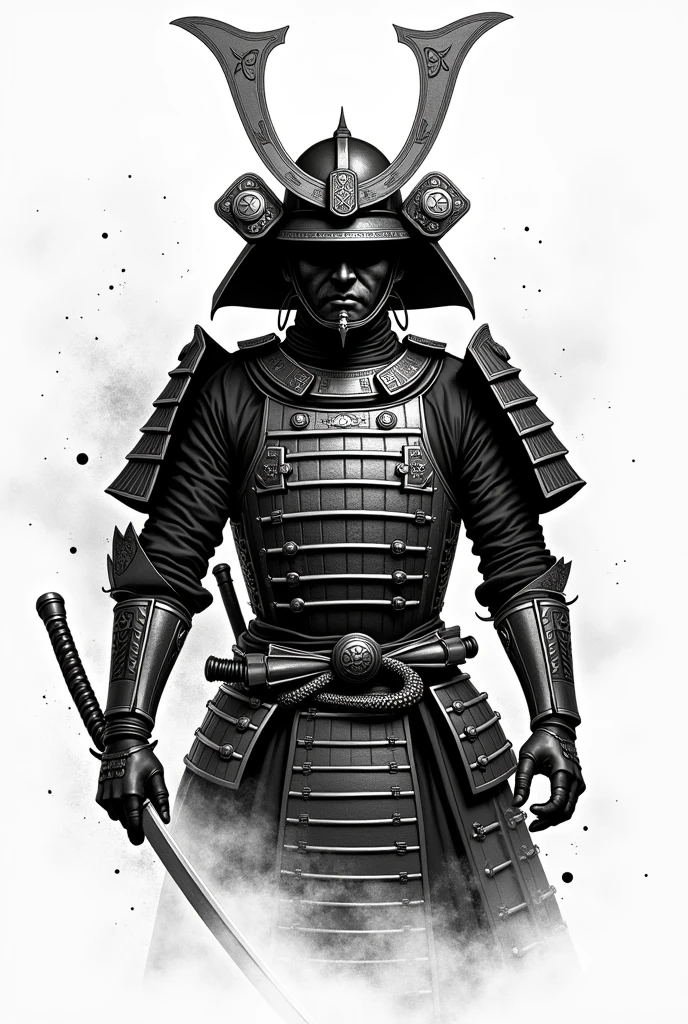 Drawing of a samurai armor in tattoo style in black and white in motion