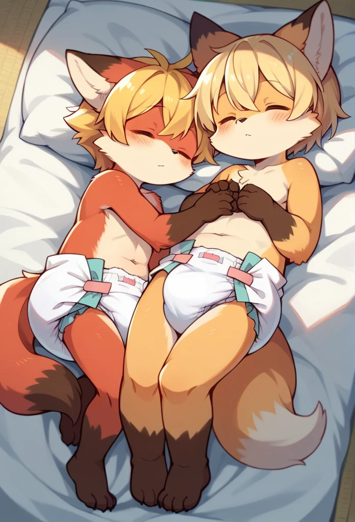 furry，kemono, ddler（two cute red fox boys and girls），hold together，Blonde hair，Wearing cute diapers，white diaper，Naked，，sleeping, protrait photo，HD