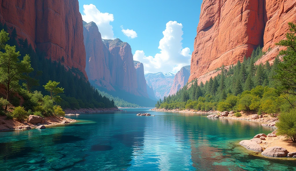 Create a vivid, high-definition image of a natural landscape featuring tall, rugged cliffs with red and orange hues. The scene should include a calm river reflecting the cliffs and the sky with crystal-clear detail, showing rocks beneath the water's surface. The surrounding greenery should be lush and vibrant, contrasting with the rocky terrain. The lighting should emphasize the textures and colors of the cliffs and trees, creating a realistic and immersive visual experience. The sky should be clear with a bright, natural blue, capturing the essence of a serene and untouched wilderness."