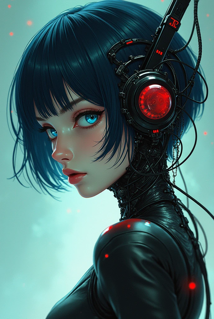 Create a high-quality,hyper-realistic image of a young woman with short, dark blue hair. ［She is playing stratecaster］.she is dancing. The background is a gradient of light blue to darker green hues and star.The left side of her head and upper body appear normal, but the right side is integrated with complex cybernetic elements, including wires, circuits, and mechanical components. A highly illustration detailed and realistic. illustration of a female android with visible mechanical parts integrated into her face and body, blending organic and mechanical elements. The android’s right eye is a striking blue, contrasting against the red and black tones of the mechanical components. The lighting creates dramatic shadows, enhancing the texture and depth of the face and mechanical elements. The overall style is cyberpunk, with a strong influence of dystopian themes, similar to manga or anime. The composition should capture the intensity and complexity of the character, focusing on the intricate details of both the organic and mechanical features 