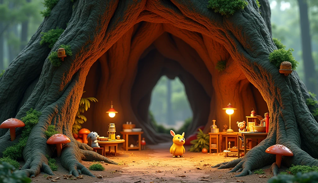 3d pixar animation style illustration of inside of a big tall and wide trunk