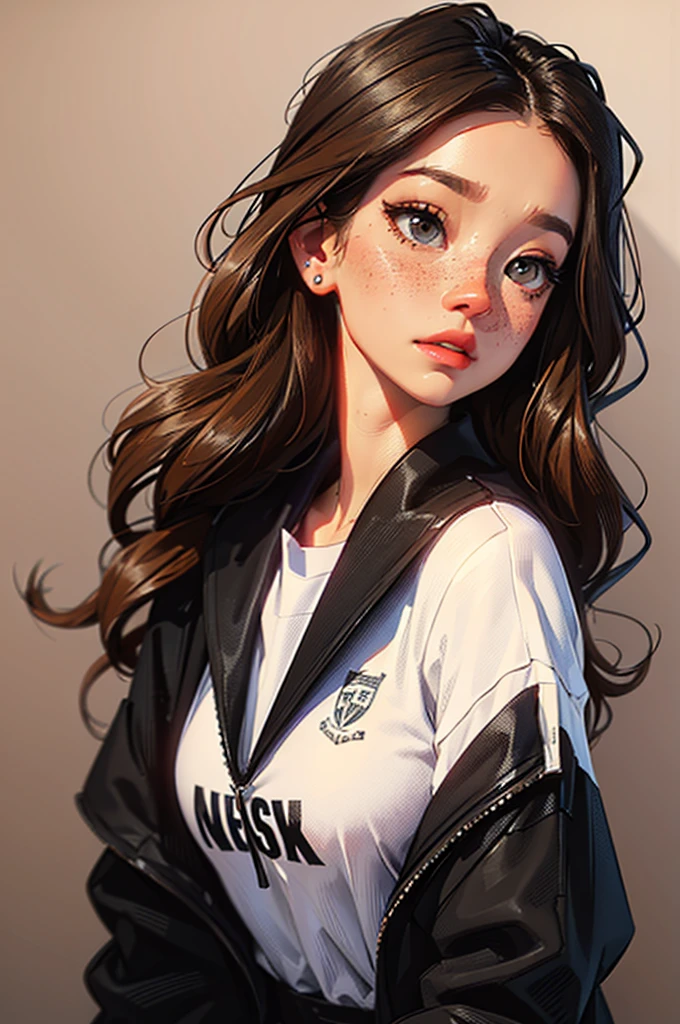 hair: long and curly, black in color. eye color: hazel or russet in color. eyeballs: big and expressive. skin: slightly tan in tone with freckles under the eyes. height: slightly shorter than average (5'2"). clothing style: business casual. clothing color: dark colors. Add accessories such as many ear piercings or nose piercings.