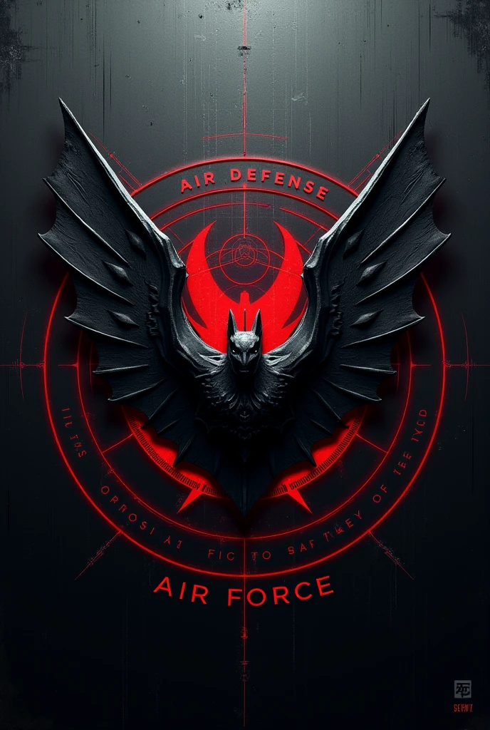 design:
Parche's Fund: A background in dark tones (black and gray) to reflect the atmosphere of a night battlefield, similar to the atmosphere of Morbius.
Central Element: A stylized emblem of a bat with outstretched wings, symbolizing constant vigilance and the ability to "hunt" air threats, Inspired by the character of Morbius.
Secondary Details: Incorporating elements of technology and precision, such as fine lines or graphics representing radar or defense systems, alluding to the high technology and precision required for air defense.
Text: On top, the text “AIR DEFENSE” in large letters and at the bottom, “AIR FORCE” in smaller letters, both in a modern and robust font style.
colors: Use a black color palette, Dark grey and dark red accents for an intense and professional touch, evoking the visual style of Morbius.
Add a radar