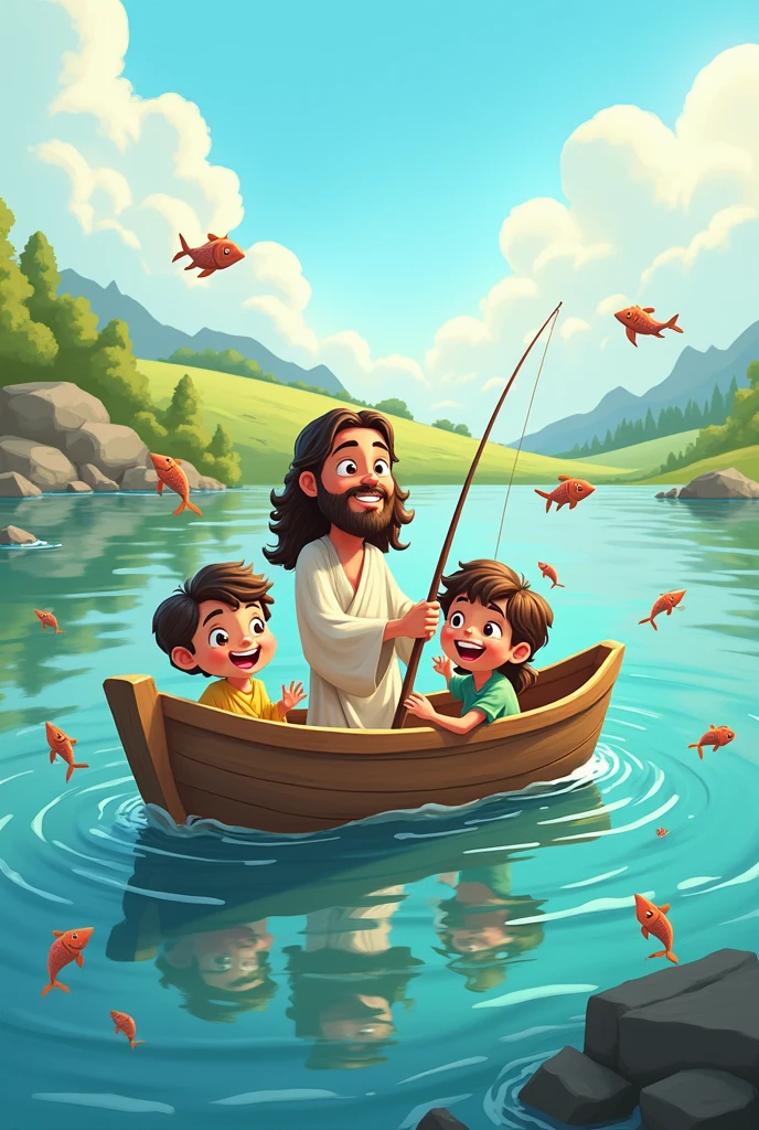 Cartoon of Jesus with a girl and a boy fishing in a boat and fish around them