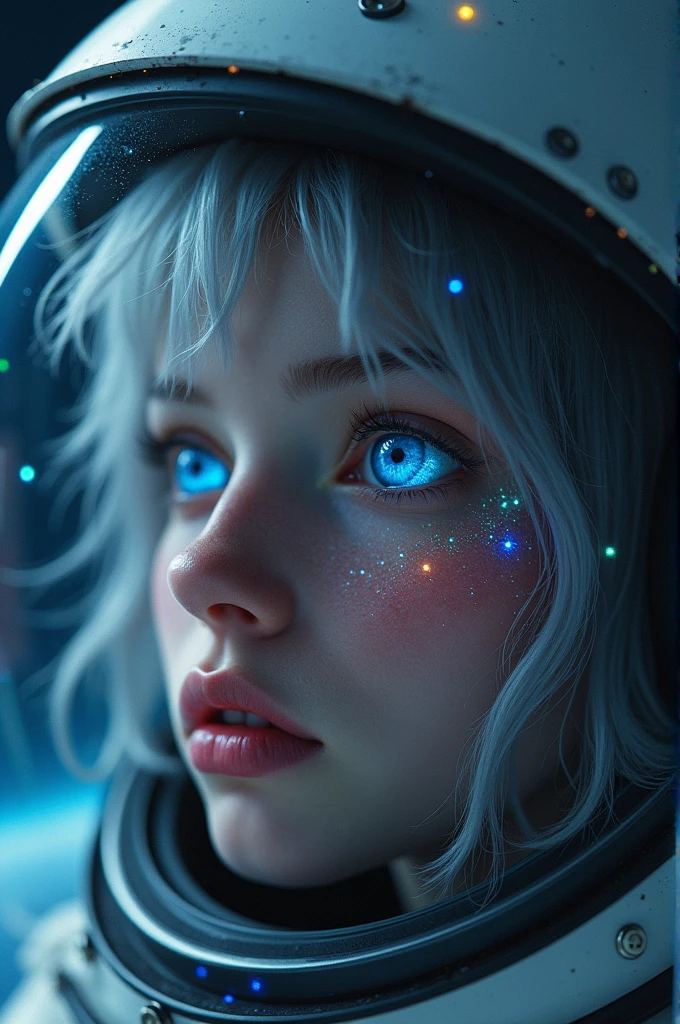 (Close-up of a better masterpiece:1.5)0.9], (Space and astronauts:1.2) (Messy silver hair:1.1) (Heterochromia xanthochromia and blue eyes:1.2) (Space Helmet:1.0) (Colored stars in the eyes:1.0) (A radiant glow:1.1) (thick lips:0.9)