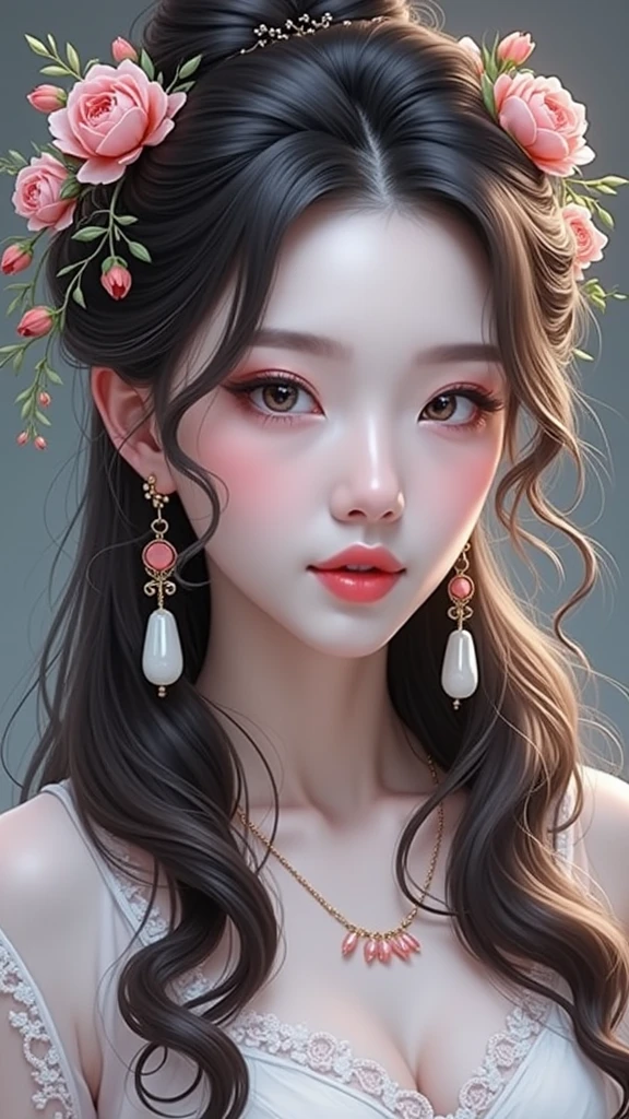 a woman with long hair wearing a white dress and a pink flower crown, pale milky white porcelain skin, ethereal beauty, 中 元 节, beautiful portrait image, lovely delicate face, cute beautiful, trending on cgstation, lovely woman, beautiful girl model, ((a beautiful fantasy empress)), beautiful anime girl, very beautiful girl, porcelain white skin