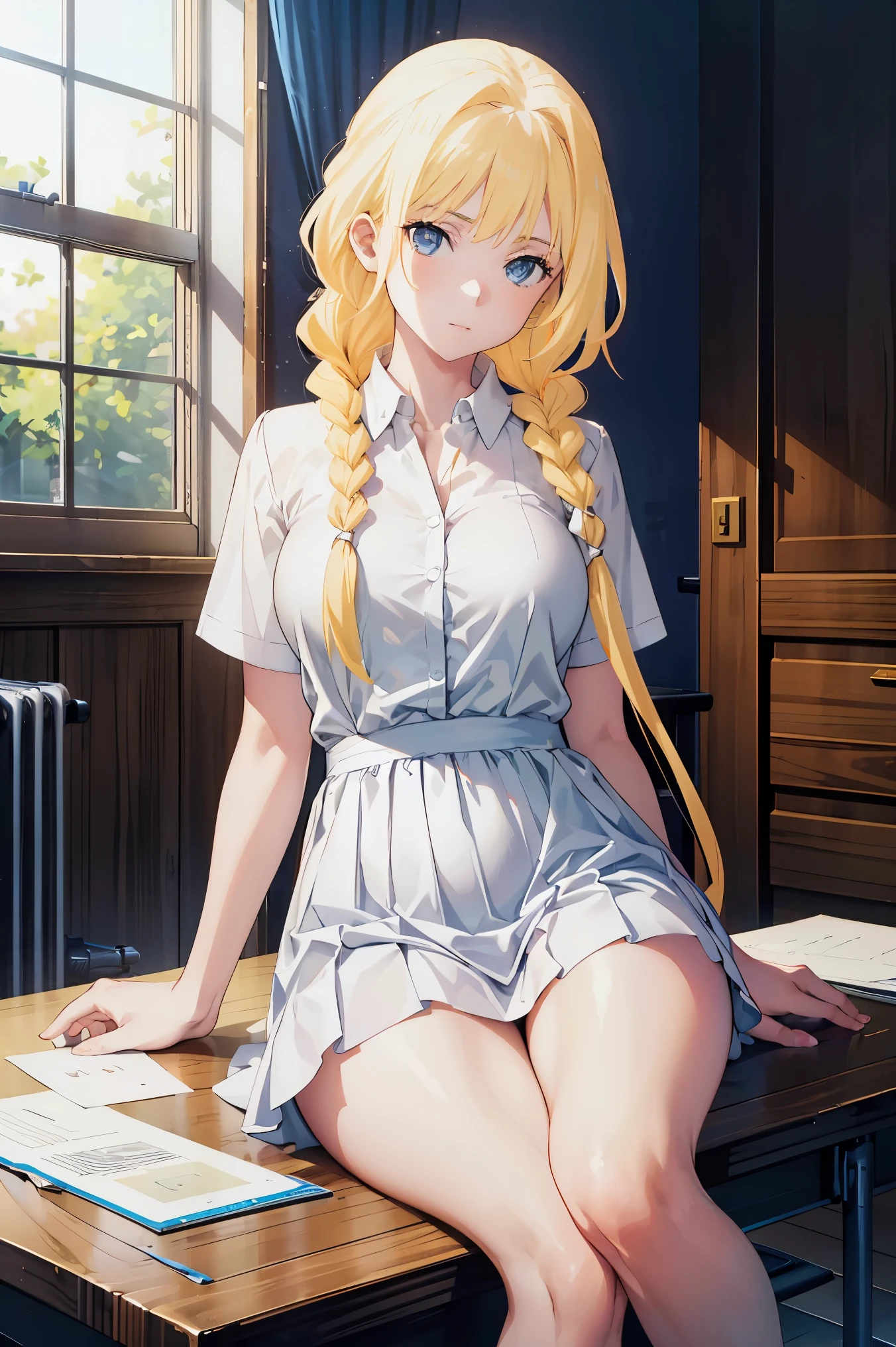 PICTURE REALISTIC, detailled image, coherent image. 1 beautiful girl. She has a lot of time, straight hair with braids, blonde color. blue colored eyes, with long eyelashes. sensual expression. She is wearing a white dress shirt, pleated mini skirt. She has a curvy body, medium breasts, thick-thighs. She is lying down showing her legs open. desk, softfocus, dramatic shadows, volumetric lighting, natural lighting. ISO:100,