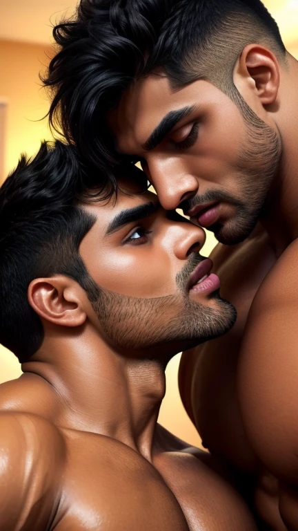 Pehlwan man Indian Gurjar gay couple wetty mouth to mouth tounge to tounge kissing and ing lower lip, bitting lower lip during kissing saliva dripping from mouth with big shinning eyes big lips wide jawline beautiful hunk face spiky black hairstyle, seductive kissing in gym during sweat running from body, hot kissing, suckchest nipples