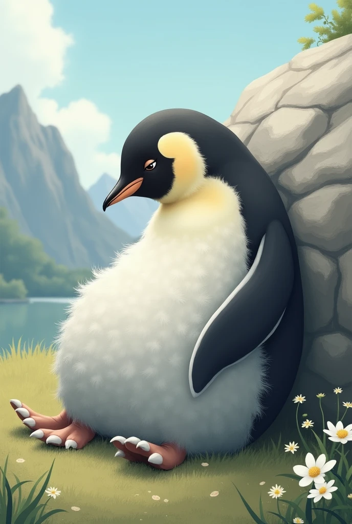 Penguin with chinchilla body on its side