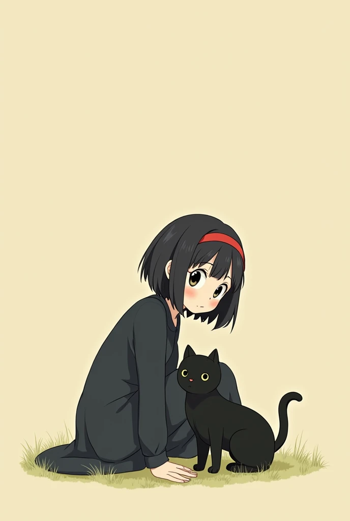 Anime scene of a woman with a cat, Kiki&#39;s Delivery Service, Ghibli anime style, by Miyazaki, Ghibli anime style style, Miyazaki anime films, Miyazaki Movies, Studio Ghibli Anime, スタジオジブリMiyazaki Movies, Studio Ghibli Animeーション, Ghibli anime movie simple background, Simple eyes、The cat is black、Faint Lines、Black Hair, Bob、Ghibli-style colors, Headbands with red ribbons、Black dress.Simple eyes、black eye、Ghibli-style eyes、The Little Prince painting style、Don&#39;t make your eyes sparkle、Illustrated style illustration, 