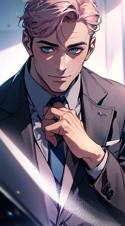 (best quality,4k,8k,highres,masterpiece:1.2),ultra-detailed,(realistic,photorealistic,photo-realistic:1.37),1 man,3,mature man,very handsome,without expression,smile,short grey pink hair,blue eyes,penetrating gaze,perfect face without errors,imposing posture,businessman,office background,cinematic lighting,hdr image