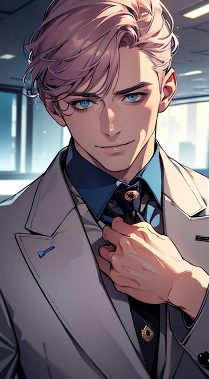(best quality,4k,8k,highres,masterpiece:1.2),ultra-detailed,(realistic,photorealistic,photo-realistic:1.37),1 man,3,mature man,very handsome,without expression,smile,short grey pink hair,blue eyes,penetrating gaze,perfect face without errors,imposing posture,businessman,office background,cinematic lighting,hdr image