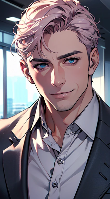 (best quality,4k,8k,highres,masterpiece:1.2),ultra-detailed,(realistic,photorealistic,photo-realistic:1.37),1 man,3,mature man,very handsome,without expression,smile,short grey pink hair,blue eyes,penetrating gaze,perfect face without errors,imposing posture,businessman,office background,cinematic lighting,hdr image