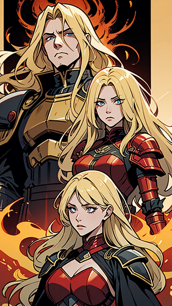 HeadBlast is an adult woman with long blonde hair. He is one meter eighty tall and wears red armor with a lava-like texture.. Her armor has a neckline that reveals her breasts and is adorned with yellow details.. His eyes are yellow, and under the armor, He wears a black robe.