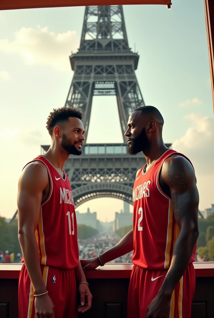Make curry and lebron james together as mcdonalds workers in front of the paris tower, with the United States shirt