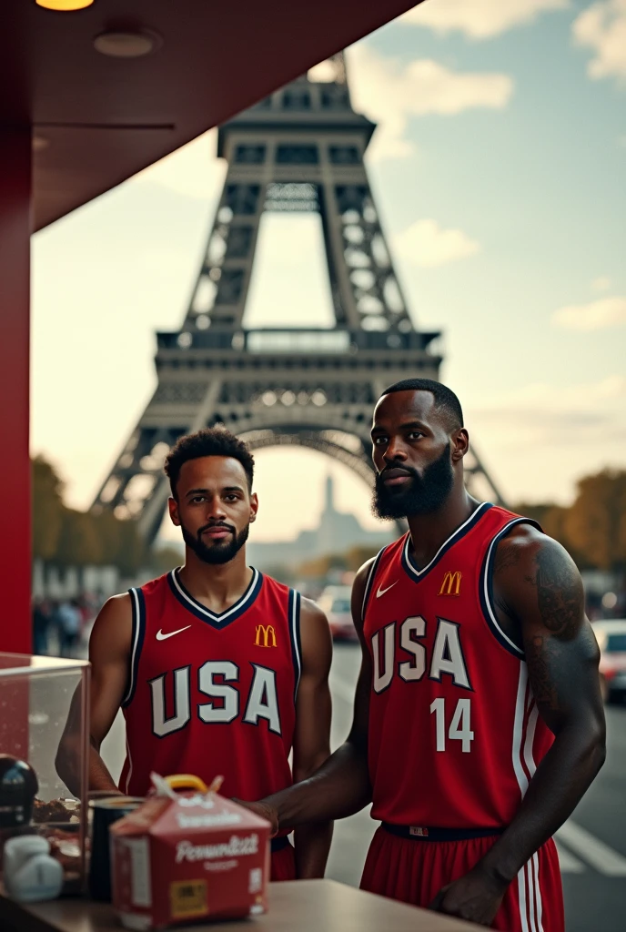 Make curry and lebron james together as mcdonalds workers in front of the paris tower, with the United States shirt